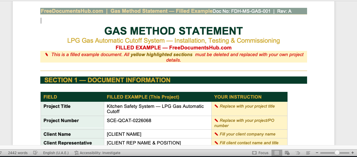 Gas Engineer Course Method Statement Gas Method Statement Filled Example — Free Download
