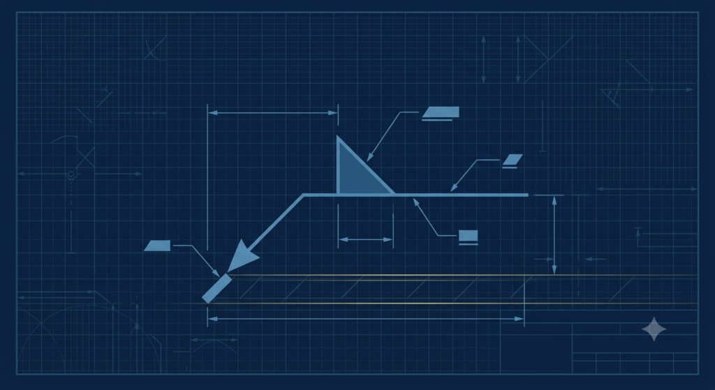 Welding symbol diagram explaining reference line, arrow side, and basic weld symbols on a fabrication drawing
