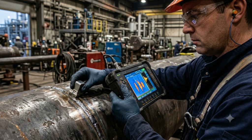 Industrial NDT inspector using a wireless phased array ultrasonic testing instrument on a steel pipe weld