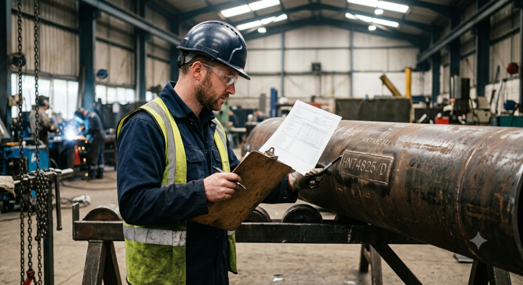 Inspector reviewing a material test report against steel pipe heat number markings in a fabrication workshop