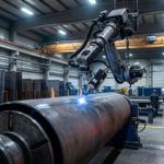 Robotic arm performing laser welding on steel pipe in an industrial fabrication shop