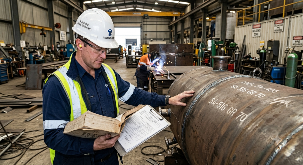 Engineer reviewing ASME Boiler and Pressure Vessel Code documents in an industrial fabrication workshop