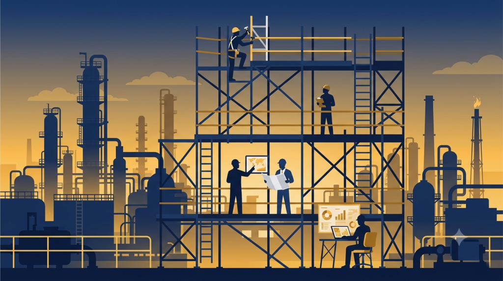 Illustration of the five scaffolding roles — Scaffolder, Supervisor, Inspector, Designer, and Engineer — working at different levels of an industrial scaffold structure"