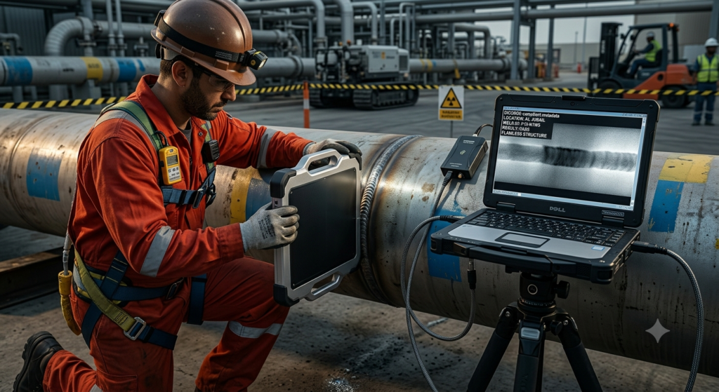 A high-tech industrial setting showing an NDT inspector utilizing a portable digital radiography (DR) flat-panel detector to instantly scan a pipe weld, with the sharp digital radiograph displayed on a ruggedized laptop screen next to him.