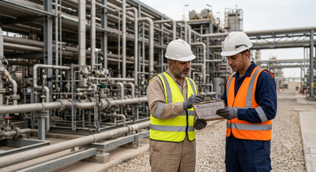 Aramco Work Permit Receiver reviewing a permit to work on an industrial site before starting hazardous work