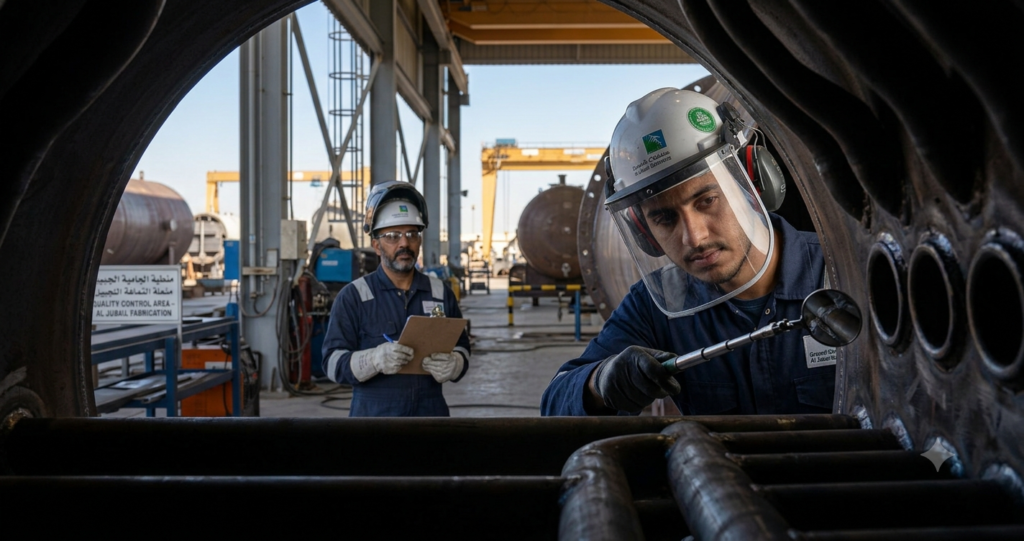 An engineering quality control inspector performing a code-compliant non-destructive weld verification on a heavy industrial carbon steel pressure vessel boundary.