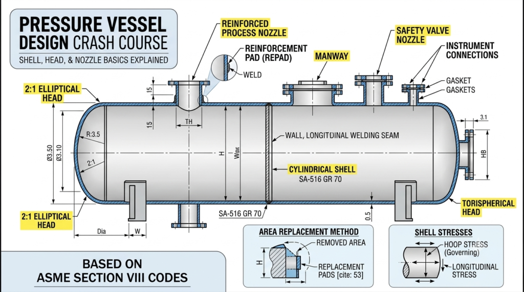 A detailed engineering schematic of a horizontal pressure vessel highlighting the cylindrical shell, elliptical head, and reinforced process nozzles.