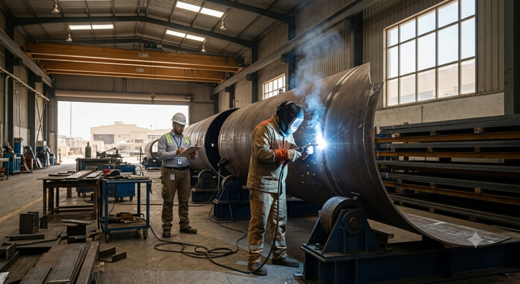 Fabrication shop welder working on a pressure vessel during ASME U Stamp certification process