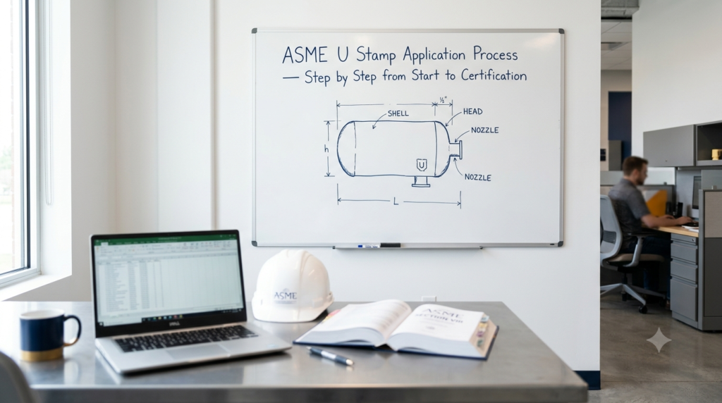 Office whiteboard showing the ASME U Stamp application process with a sketched pressure vessel diagram