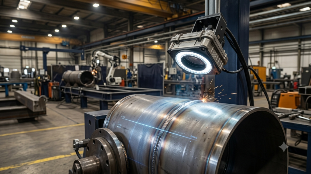 Industrial camera performing AI-powered visual inspection on a robotic weld seam