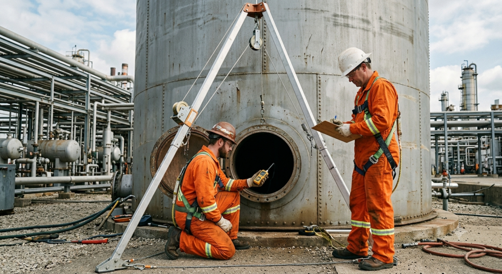 Confined space entry team performing atmospheric gas testing before entering an oil and gas storage tank