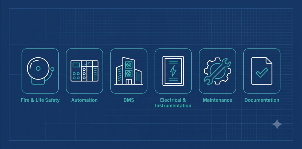 Engineering capabilities of FreeDocumentsHub.com – fire and life safety, automation, building management systems, electrical and instrumentation, maintenance, and documentation