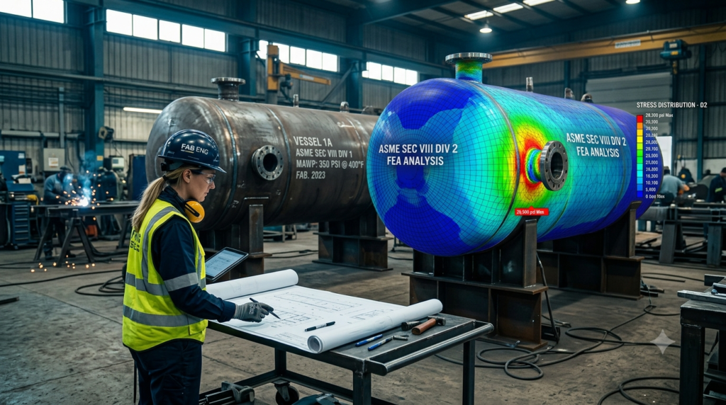 Side-by-side engineering comparison of ASME Section VIII Division 1 and Division 2 pressure vessel design