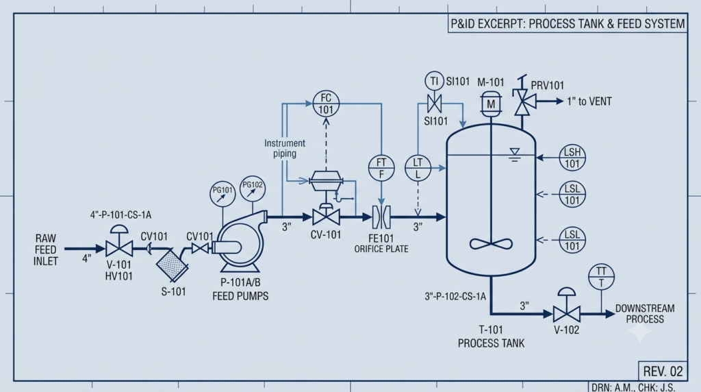 Piping and instrumentation diagram symbol legend showing valve types, line styles, and ISA instrument bubbles