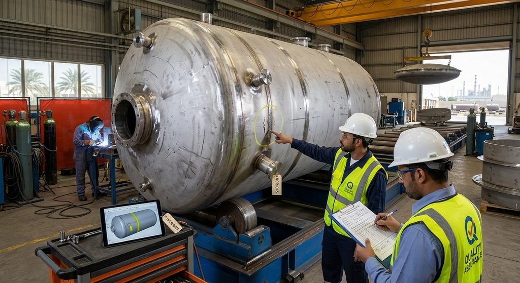 Two QC inspectors in safety gear reviewing a marked weld defect on a pressure vessel shell with an NCR tag during fabrication.