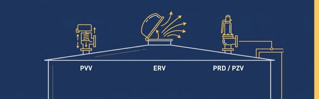 PVV, ERV, and PRD relief devices on a storage tank illustration