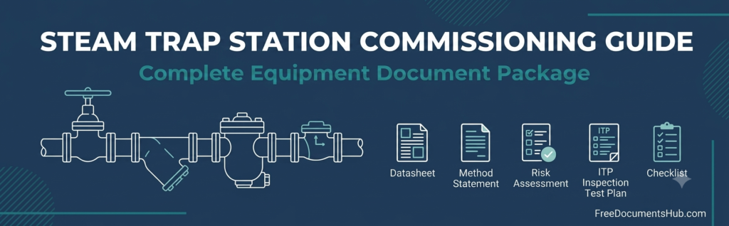 Steam trap station components diagram — isolation valve, strainer, trap, check valve