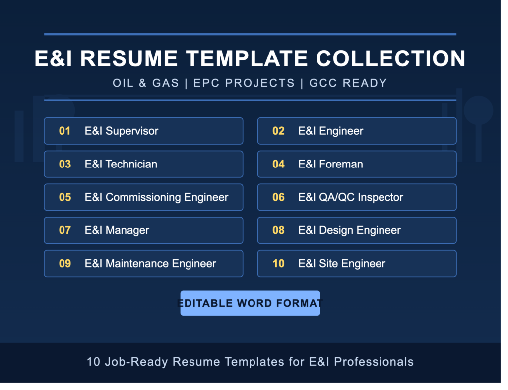 Resume Templates for Electrical & Instrumentation professionals — Engineer, Technician, Commissioning Engineer, and Supervisor CV formats