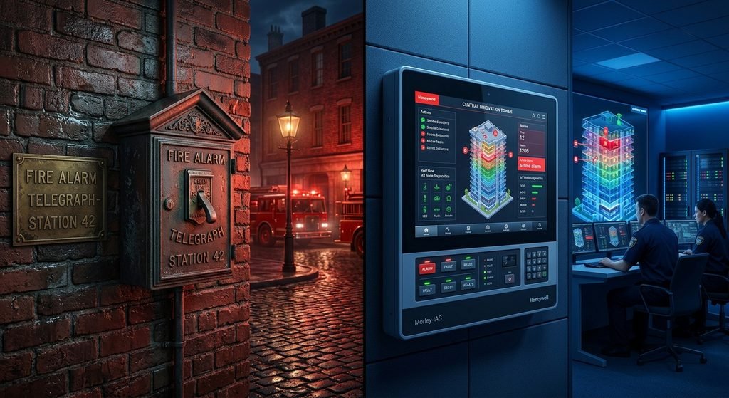 A high-tech visual showing an engineer inspecting an advanced addressable fire alarm control panel displaying a digital 3D building floor plan overlay.