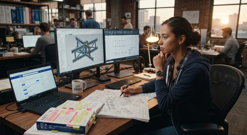 A frustrated young mechanical engineer sitting at a desk covered with technical blueprints,