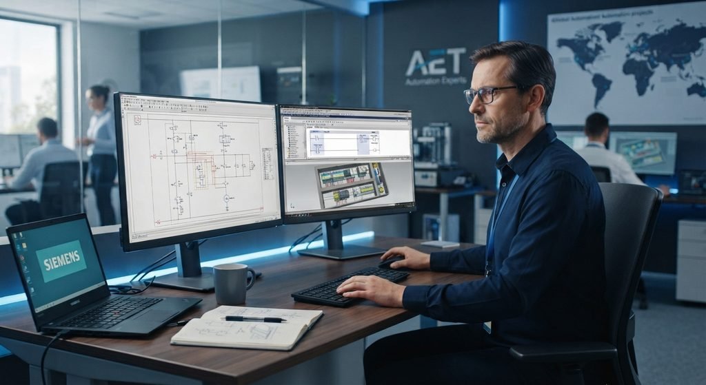 Professional engineer working on remote AutoCAD electrical drafting, PLC programming, and control systems integration architecture.