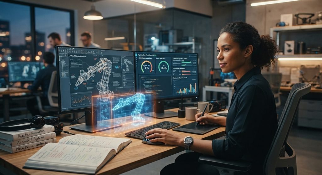 A concerned engineer looking at a futuristic computer screen displaying complex AI-generated automation data, CAD models, and robotic blueprints in a modern office.