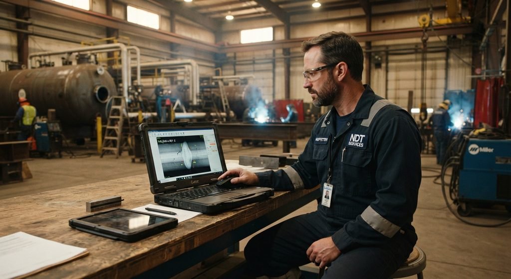 An NDT quality inspector examining a high-resolution digital radiography scan of a pipeline weld on a ruggedized field laptop in an industrial fabrication facility.