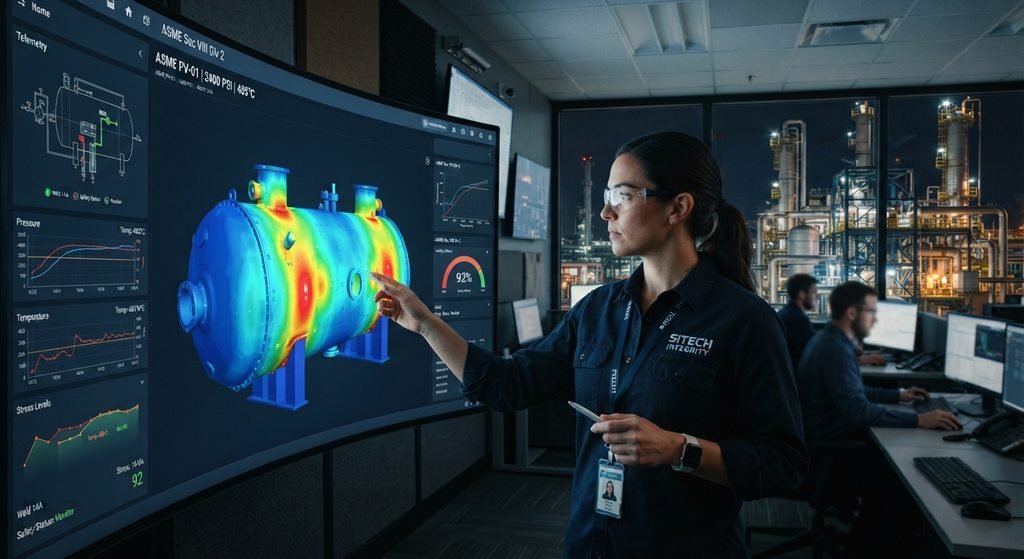 A high-tech digital twin interface displaying a 3D thermal stress mesh of an industrial pressure vessel alongside real-time pressure, temperature, and corrosion analytics.