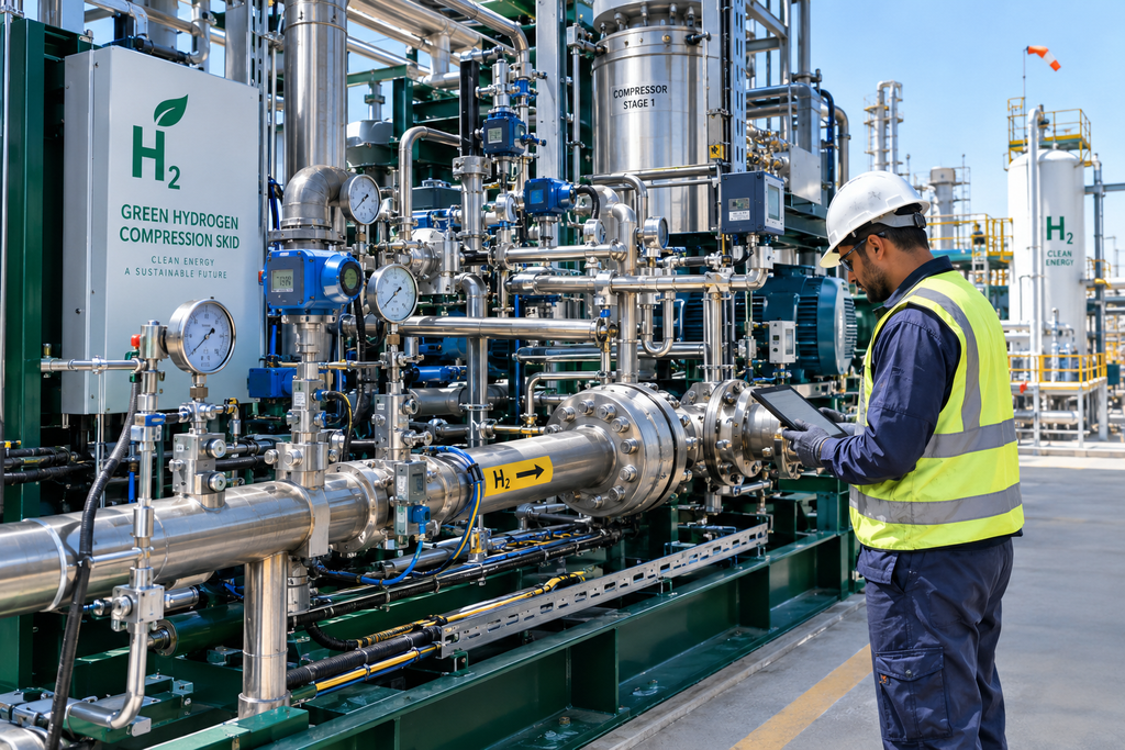 A high-tech green energy hydrogen pipeline facility showing stainless steel piping manifolds, digital pressure transmitters, and thermal insulation under cinematic lighting.
