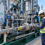 A high-tech green energy hydrogen pipeline facility showing stainless steel piping manifolds, digital pressure transmitters, and thermal insulation under cinematic lighting.