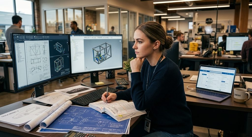 A frustrated young mechanical engineer sitting at a desk covered with technical blueprints, CAD software models, and job applications, pondering career options.