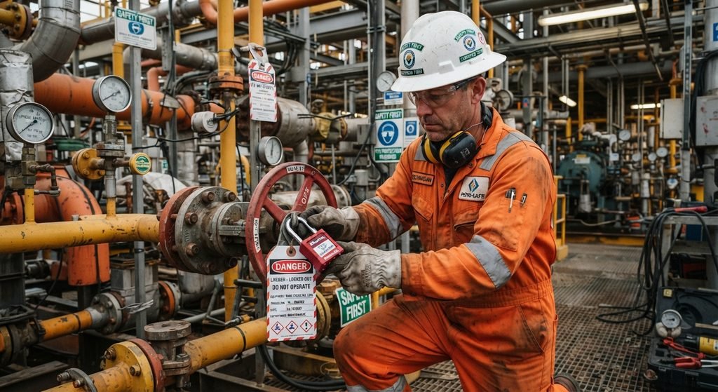 A certified industrial safety technician applying a heavy-duty red lockout padlock and danger tag to a high-pressure main pipeline valve.