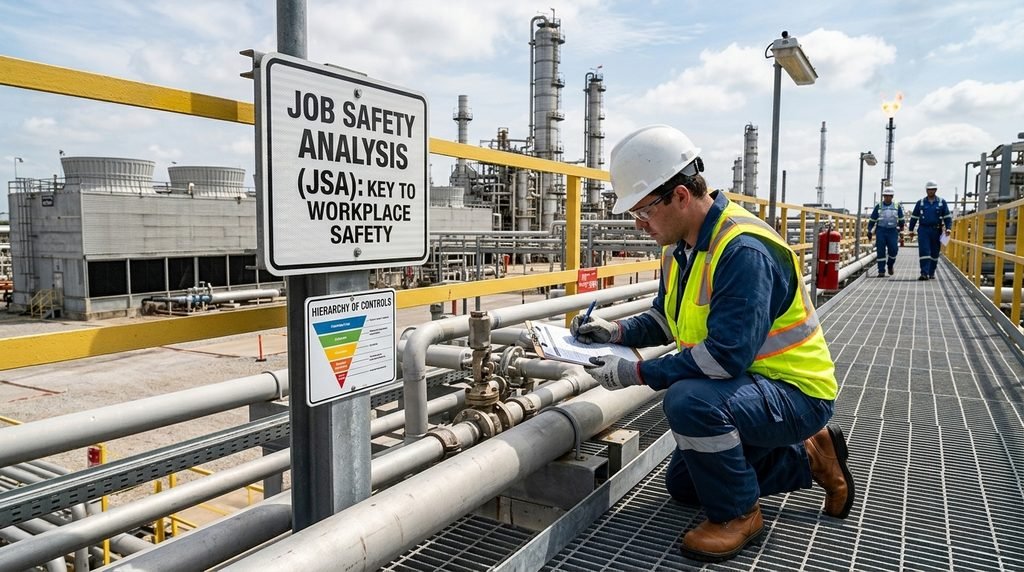 Safety engineer wearing PPE writing on a Job Safety Analysis (JSA) checklist clipboard at an oil and gas processing facility.