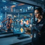 An advanced smart industrial control room showing real-time IoT sensor telemetry, connected manufacturing analytics, and cloud data visualizations on multiple screens.
