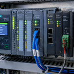 A close-up view of an industrial PLC rack showing serial